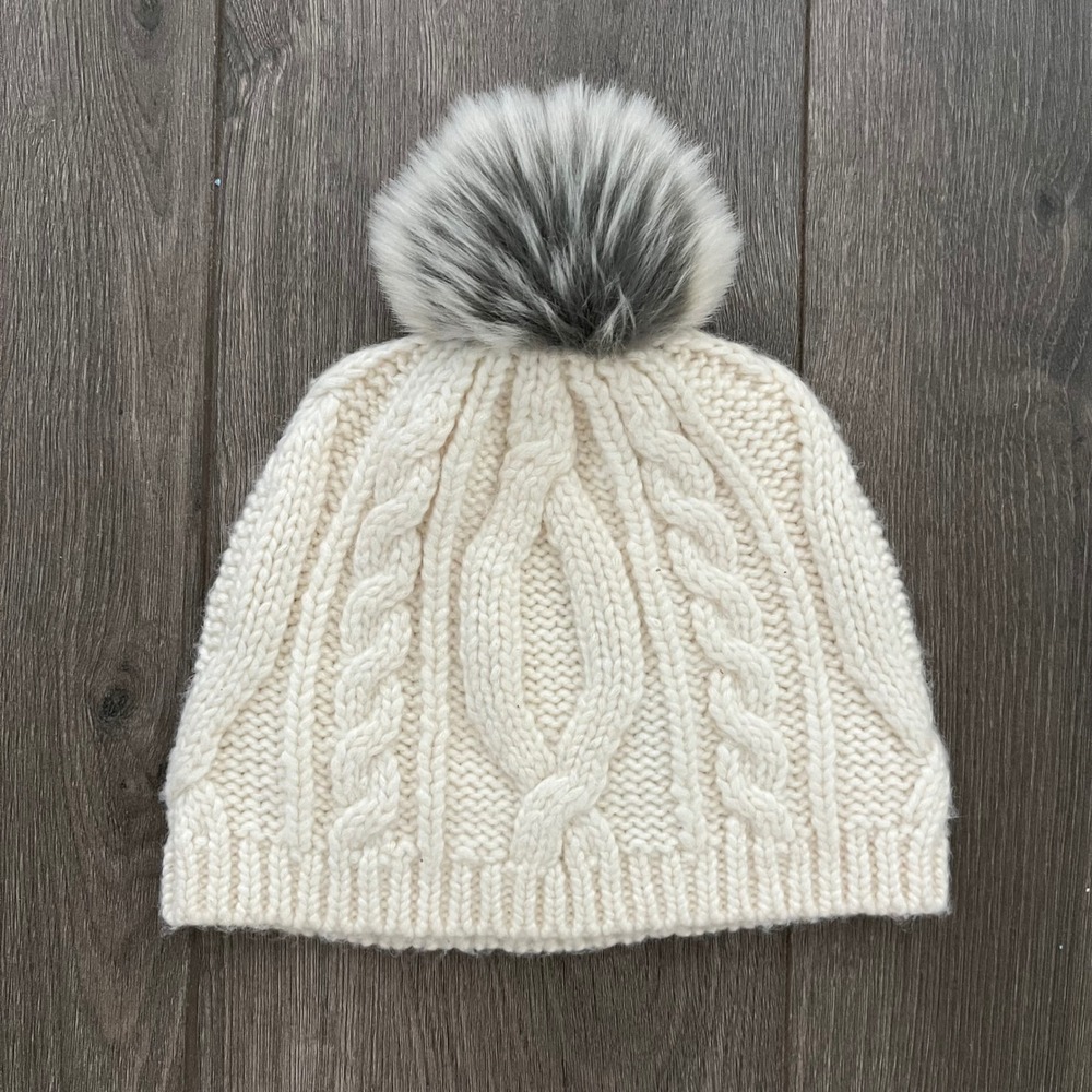 Banana Republic Cream Cable Knit Beanie Faux Fur Pom Pom Wool Blend Hat One Size